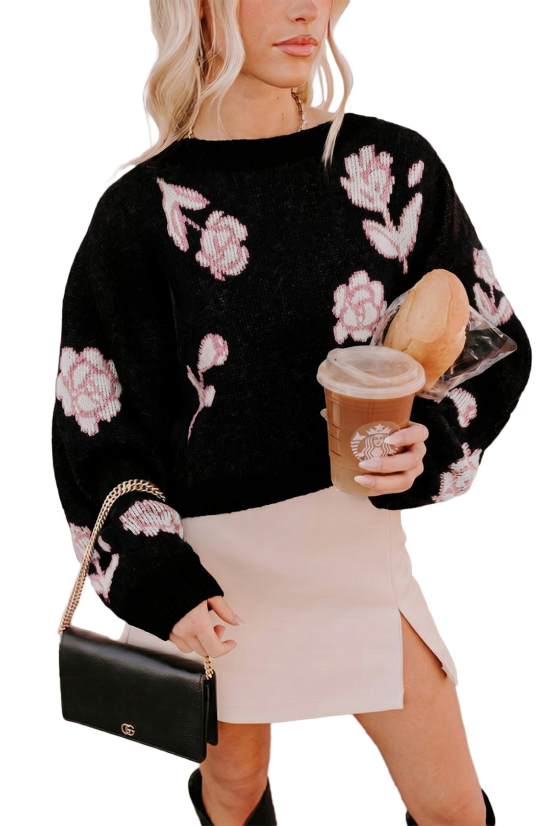 Black Floral Pattern Puff Sleeve Dropped Shoulder Pullover Sweater