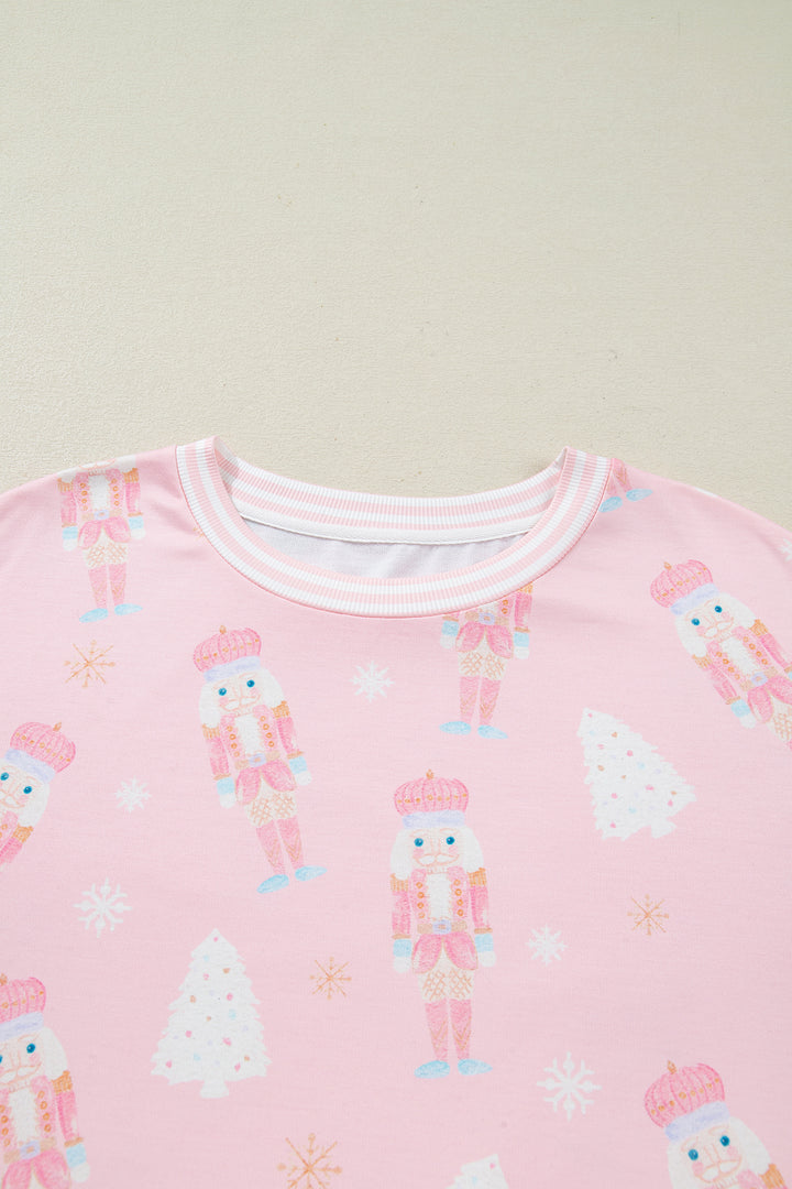 Pink Christmas Tree Nutcracker Doll Print Contrast Trim Long Sleeve Top Matching Shorts Set
