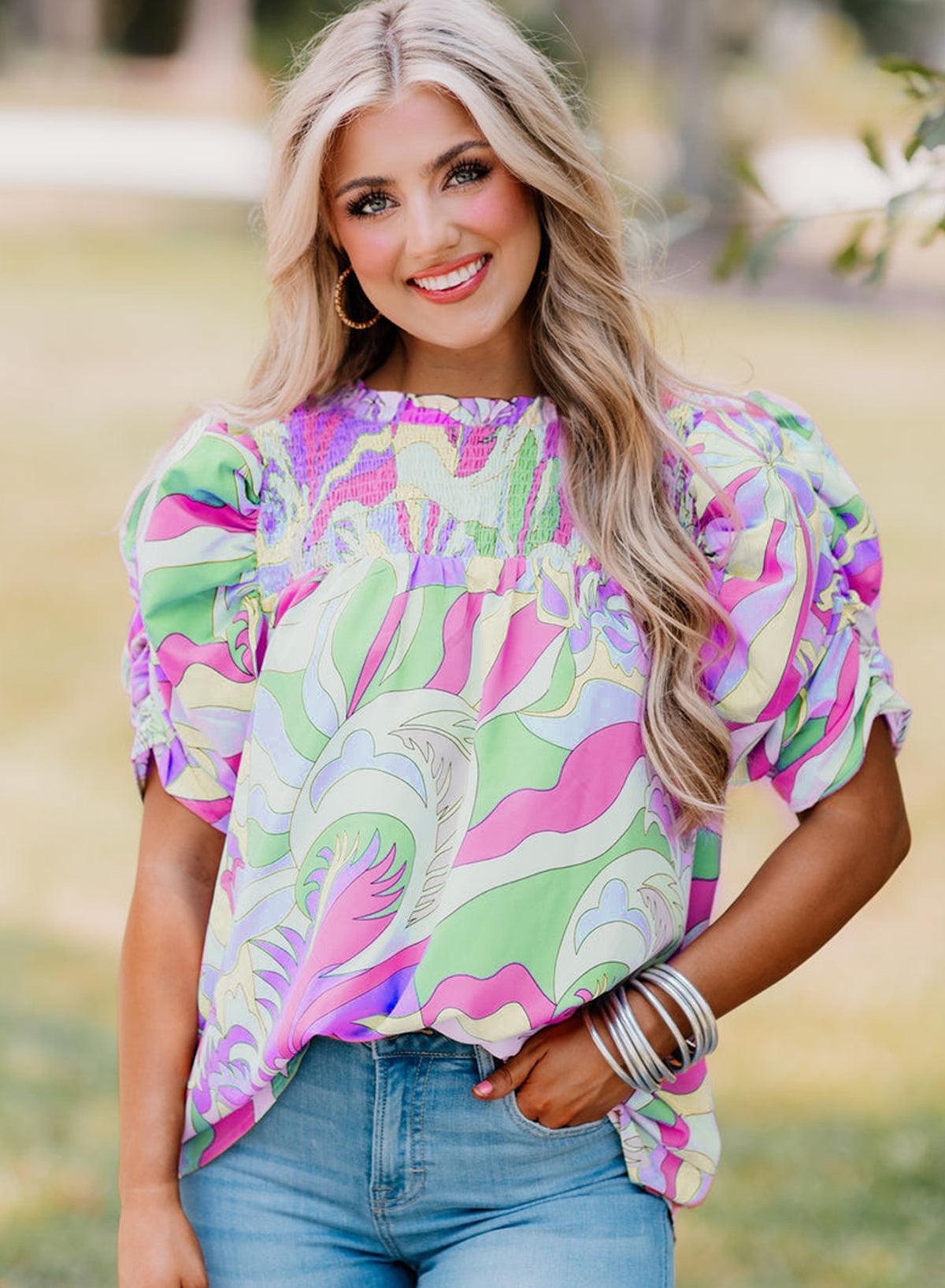 Green Abstract Print Bubble Sleeve Smock Detail Blouse