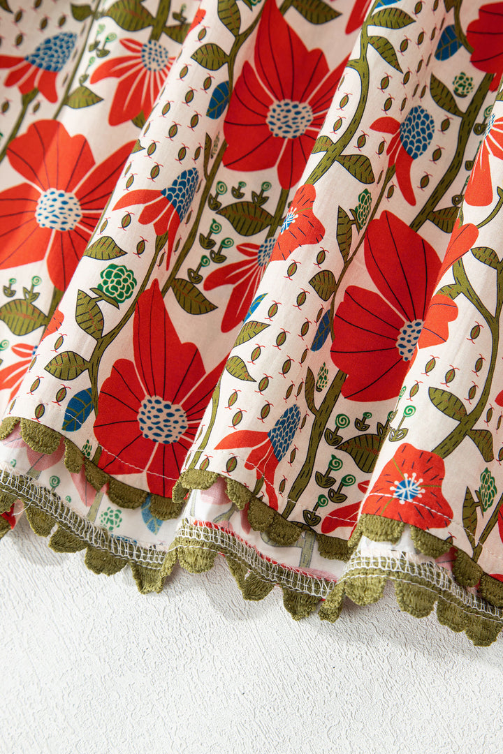 Red Floral Print Ricrac Trim V Neck 3/4 Sleeve Loose Mini Dress