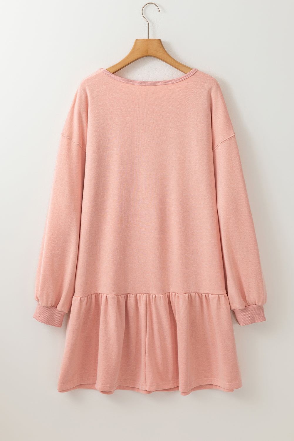 Dusty Pink Solid Color Puff Sleeve Ruffle Hem Mini Dress