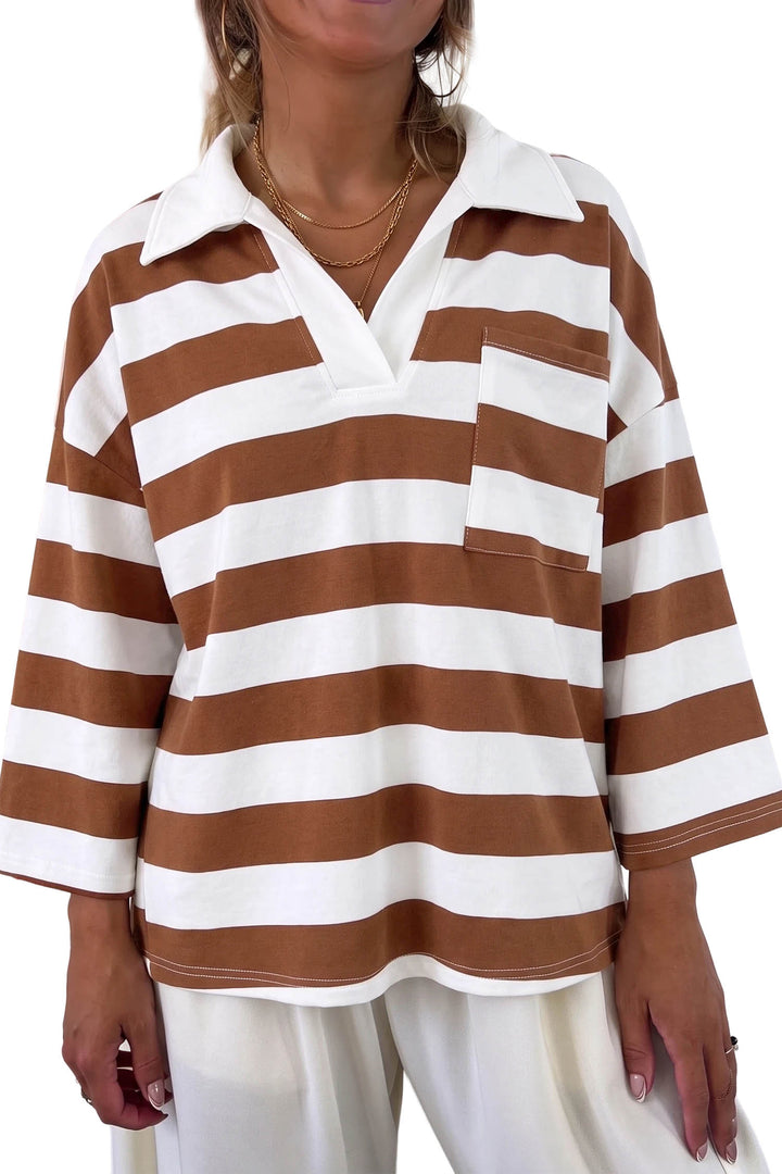 Brown Stripe Contrast Collar 3/4 Sleeve Oversized Casual Top