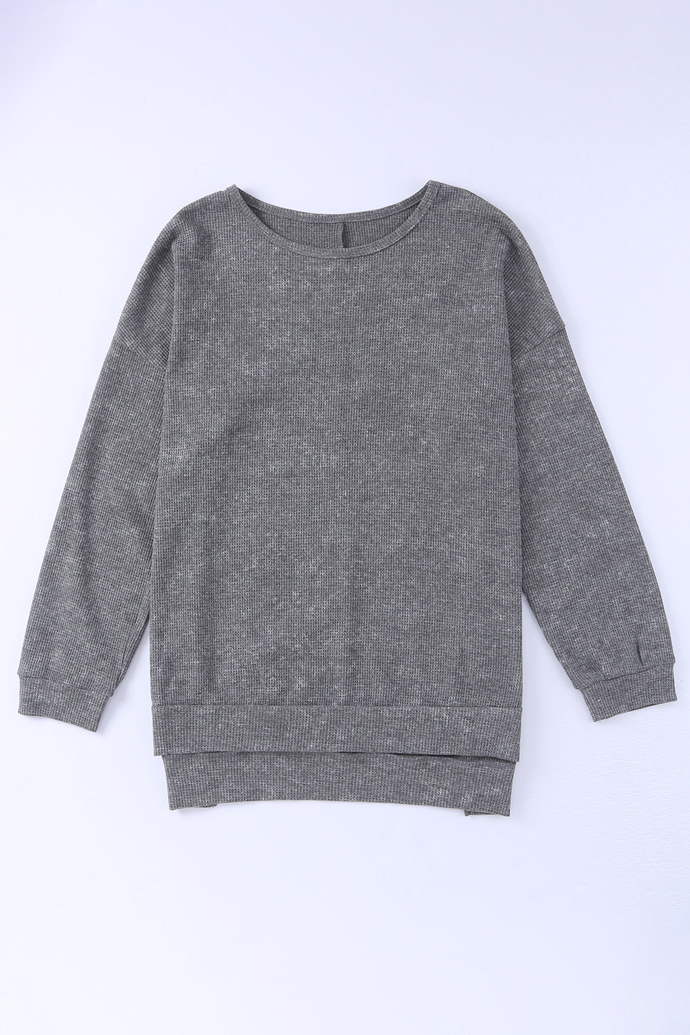 Gray Waffle Knit Side Slit Pullover Top