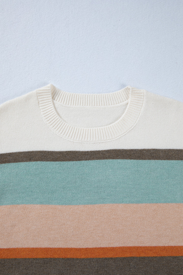 White Striped Color Block Knit Drop Shoulder Sweater