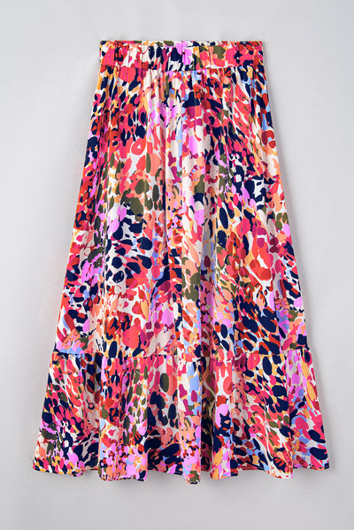 White Abstract Floral Print Ruffled High Waist Maxi Skirt