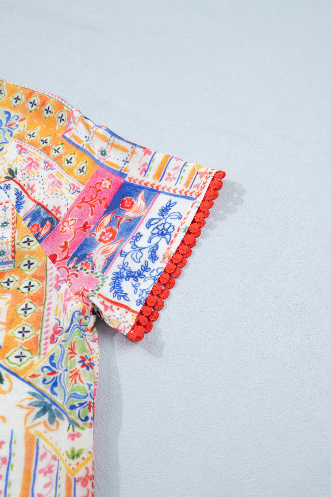 Red Mixed Print V Neck Short Sleeve Blouse