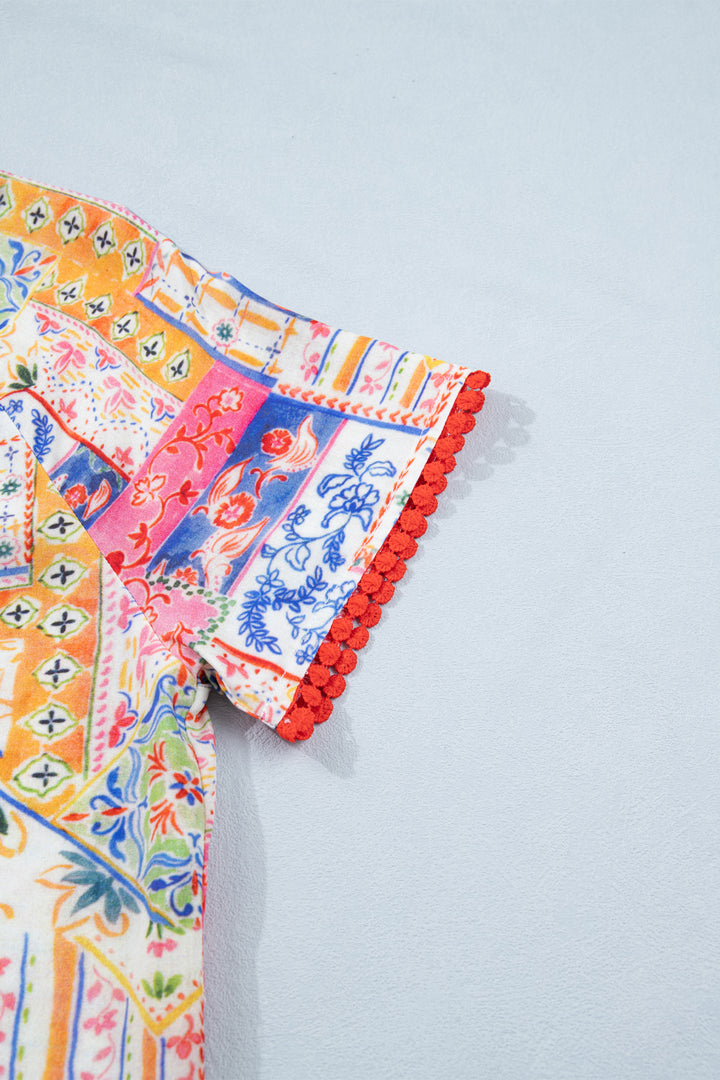 Red Mixed Print V Neck Short Sleeve Blouse