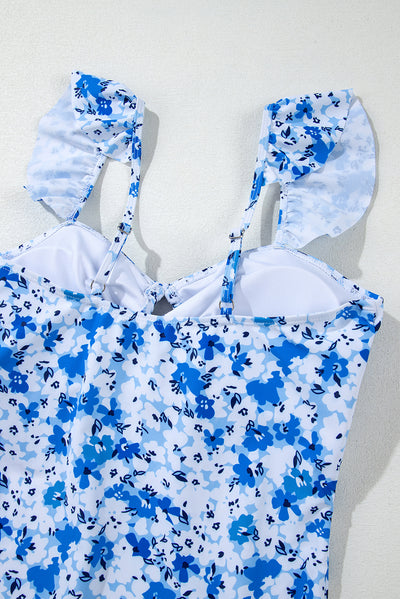 Blue Floral Ruffled Strap Lace-up Hollow Out One Piece Swimsuit