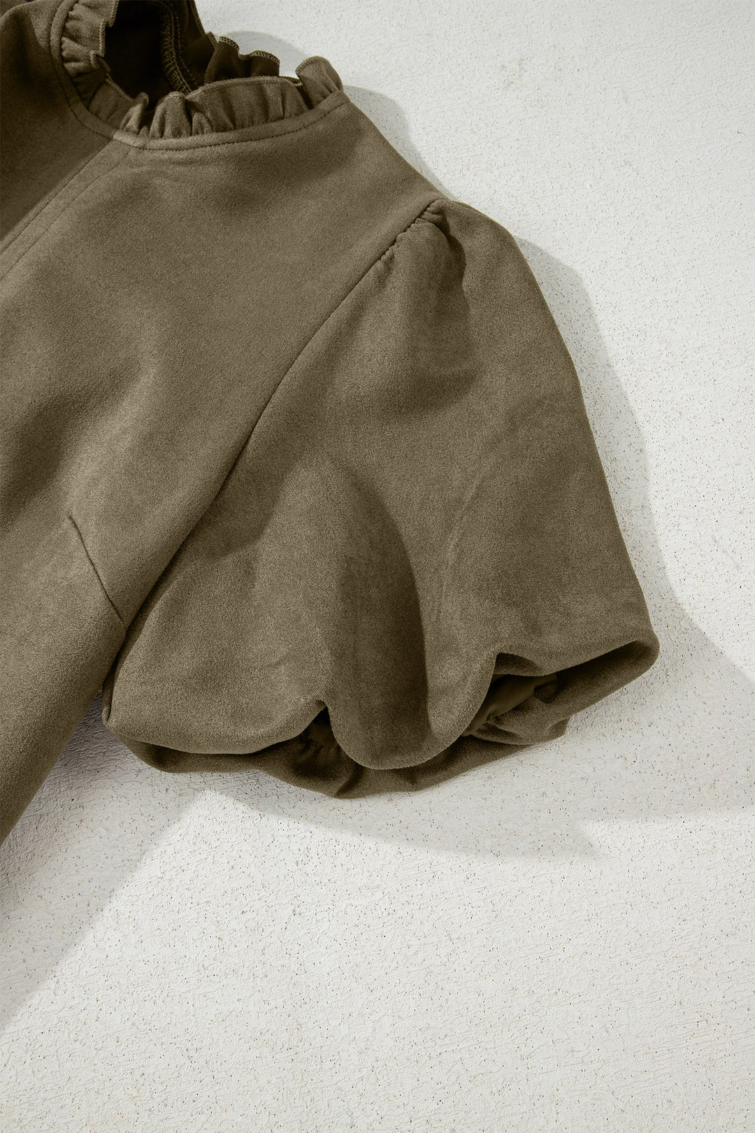 Moss Green Frilled Round Neck Short Puff Sleeve Shift Mini Dress