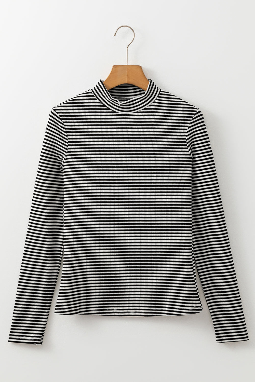 Black Stripe Knit Mock Neck Long Sleeve Slim Top