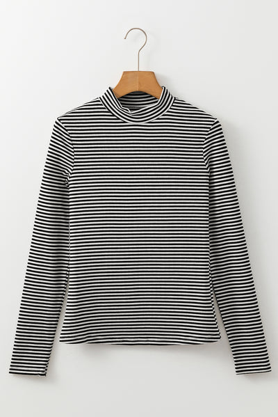 Black Stripe Knit Mock Neck Long Sleeve Slim Top