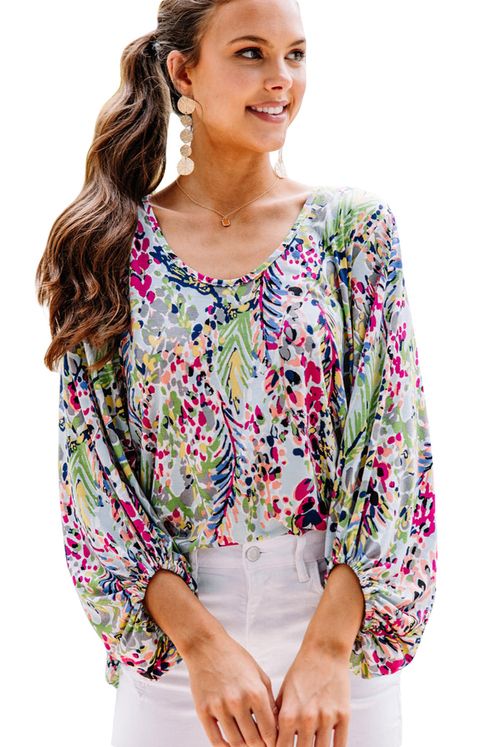 Green Floral Print Puffy Sleeve Loose Blouse