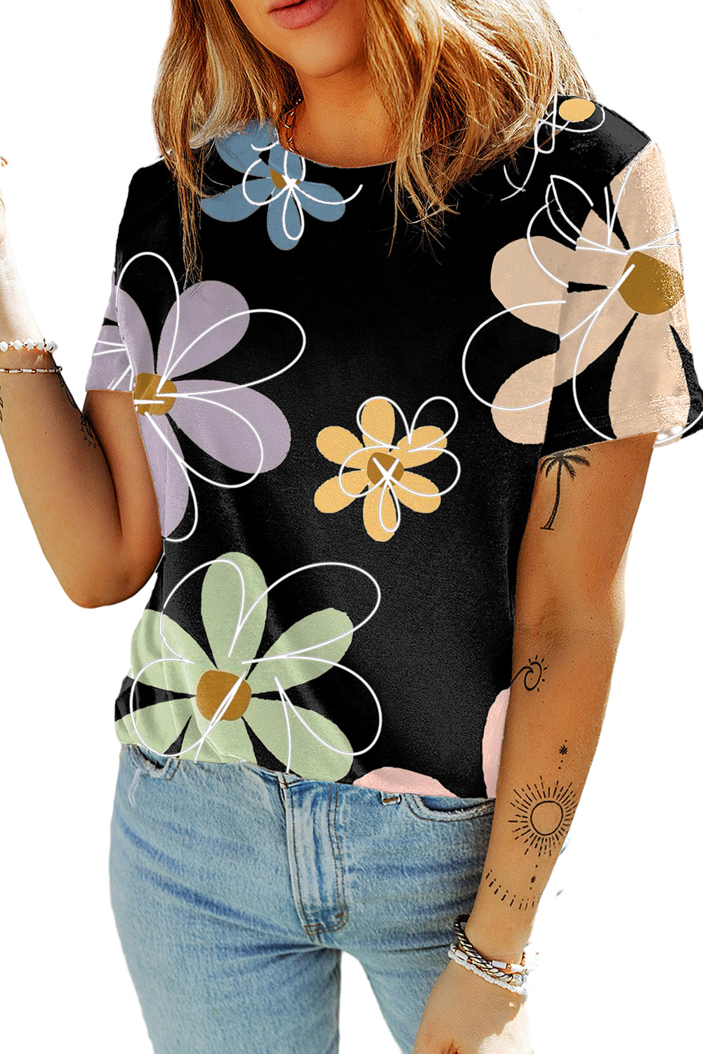 Black Summer Flower Print Casual Round Neck T Shirt