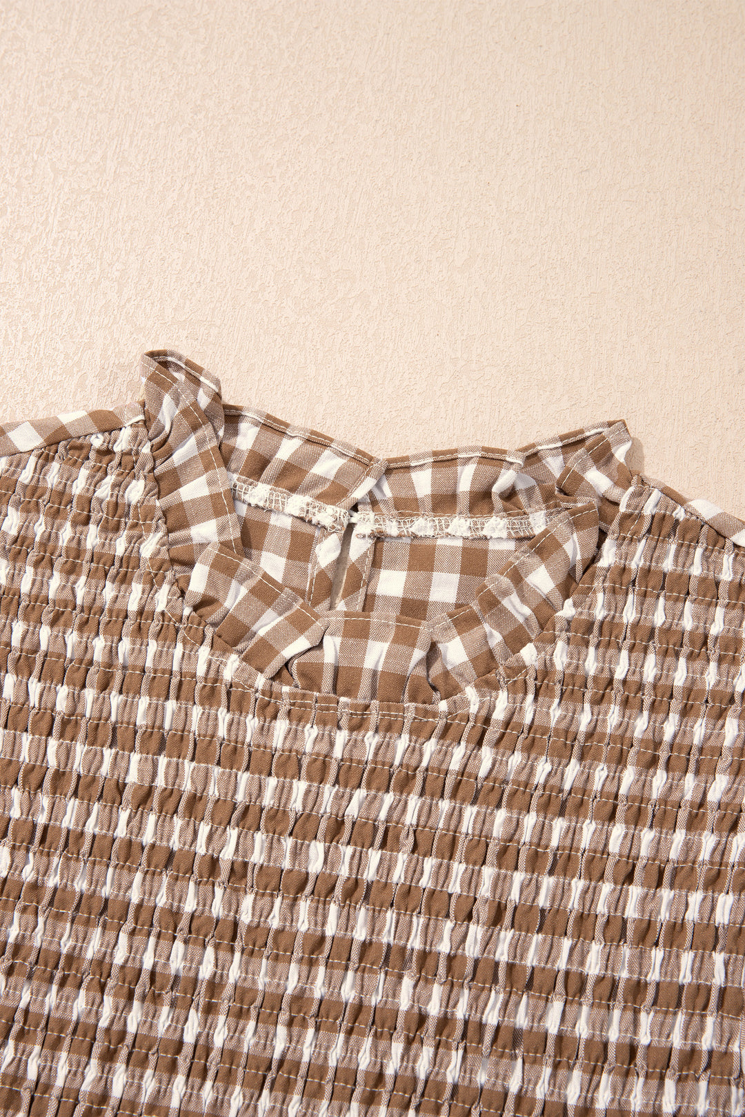 Brown 3/4 Sleeve Shirred Plaid Peplum Top