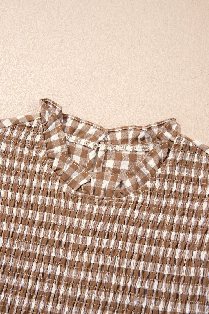 Brown 3/4 Sleeve Shirred Plaid Peplum Top