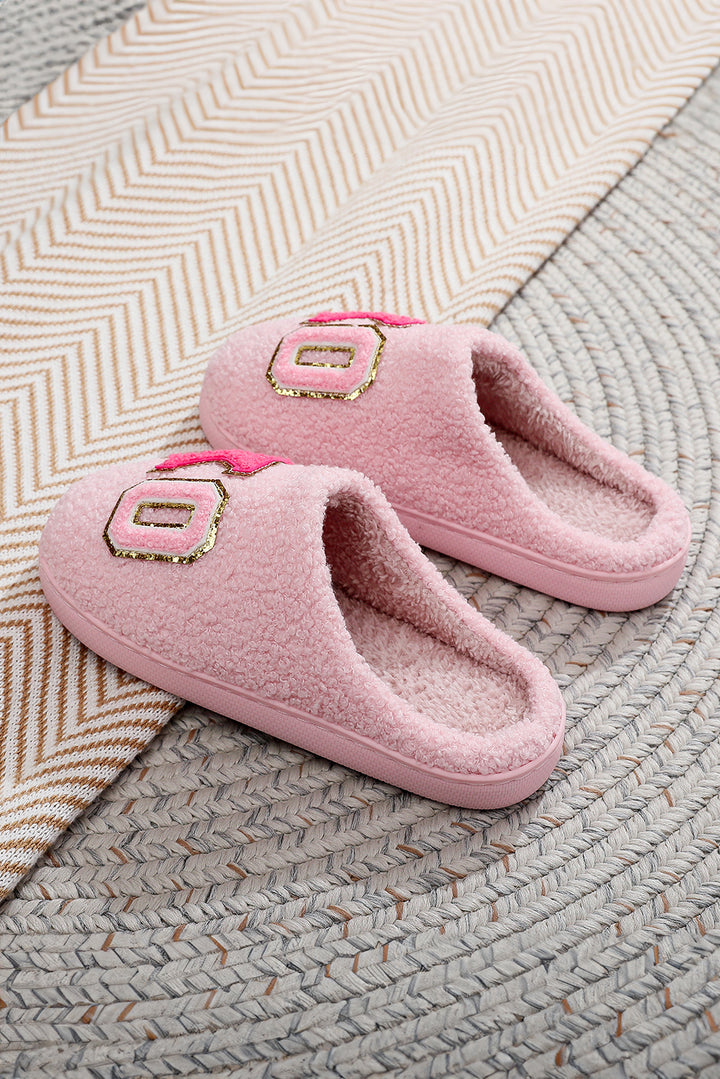 Pink XO XO Glitter Trim Letter Patched Plush House Slippers