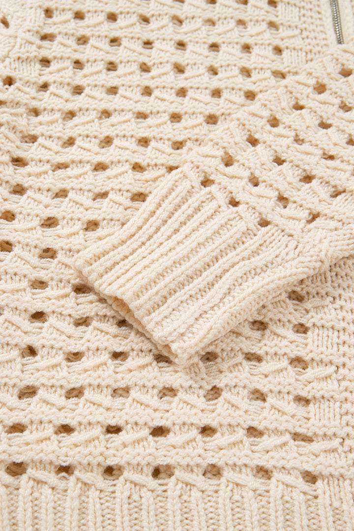Beige Hollowed Pattern Knit Zip Up Drop Shoulder Sweater Cardigan