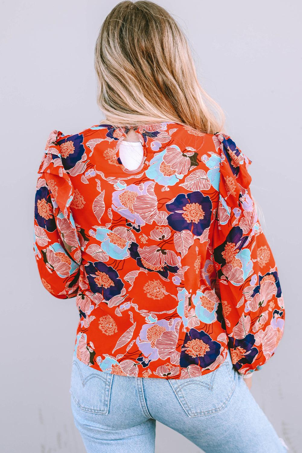 Fiery Red Floral Print Ruffle Puff Sleeve Blouse