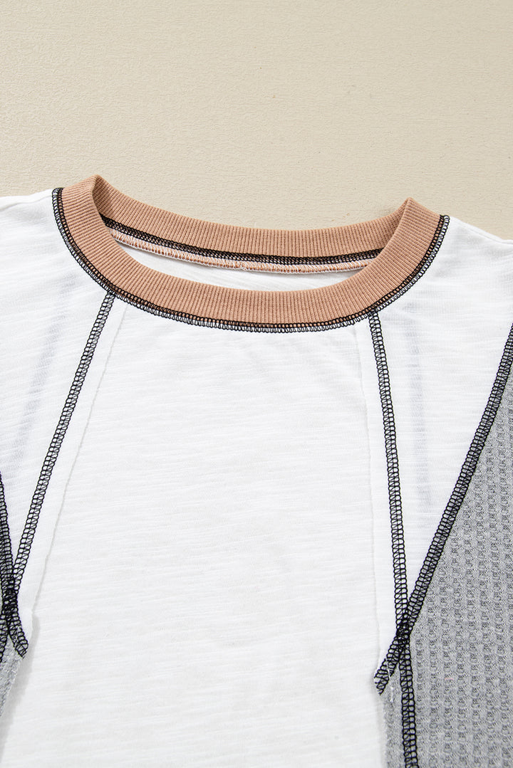 White Contrast Block Mixed Textured Knit Patchwork Casual Top