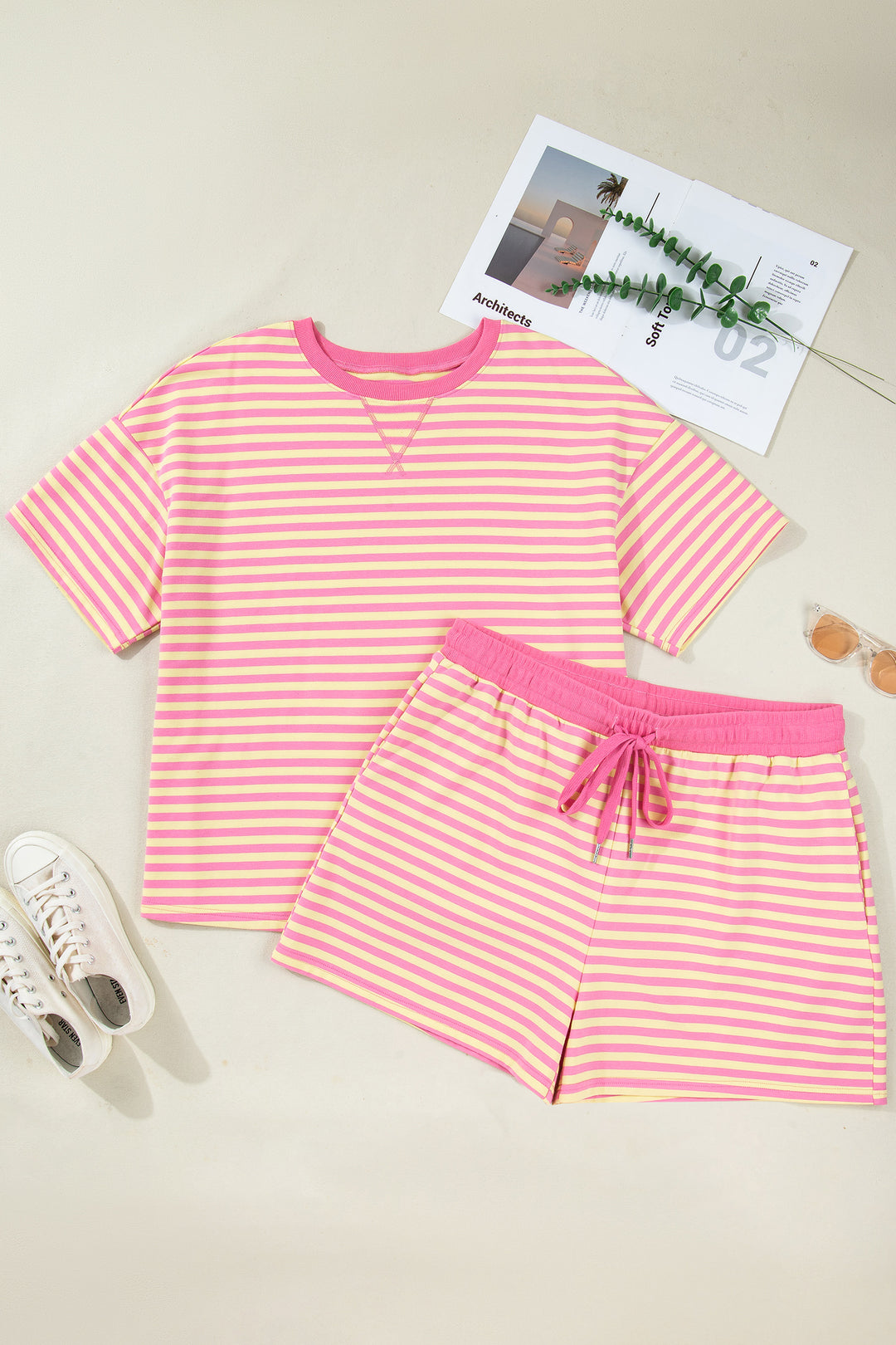 Green Stripe Boxy Tee Drawstring Elastic Waist Plus Size Short Set