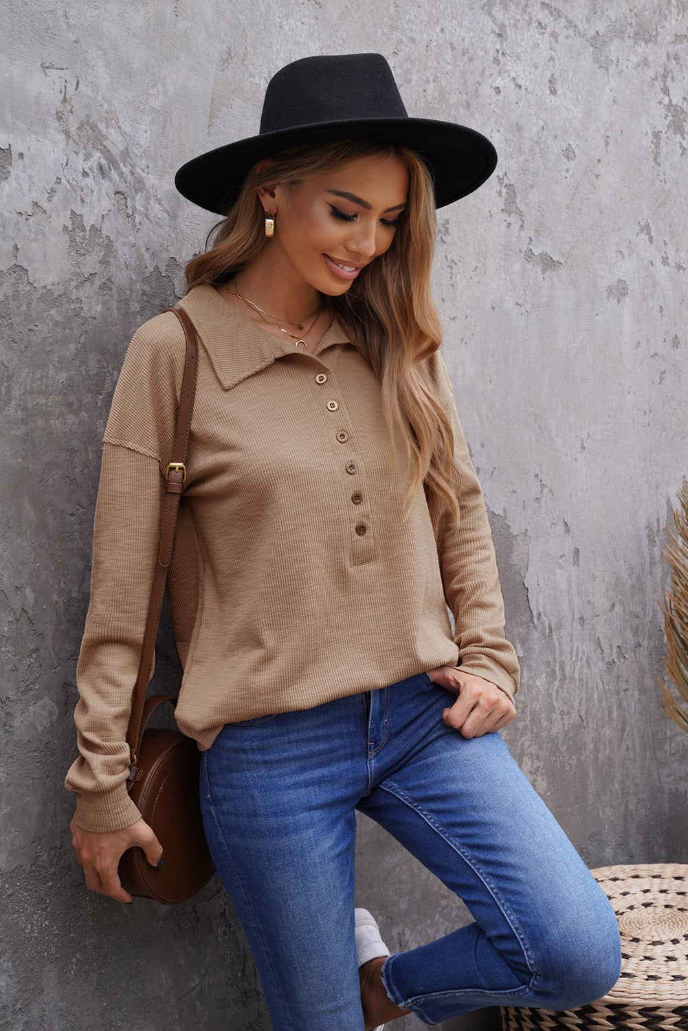 Khaki Button Front Turn-down Neck Knit Top