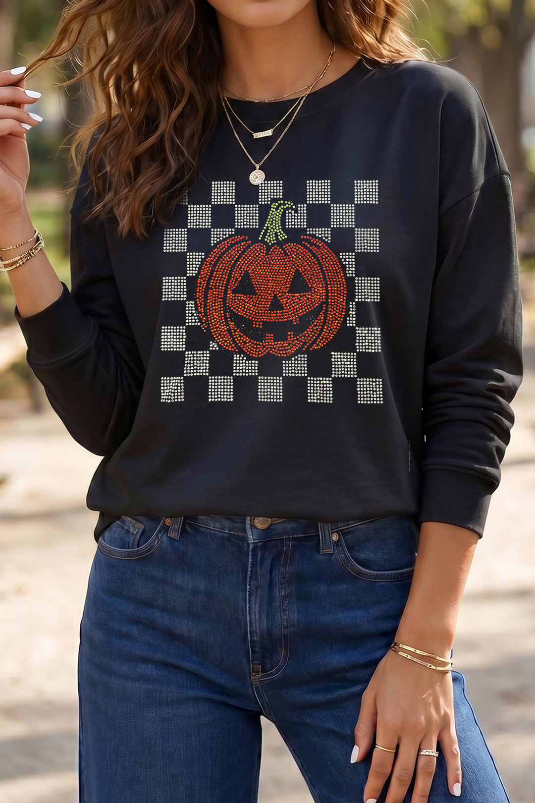 Black Rhinestone Pumpkin Graphic Long Sleeve T-Shirt
