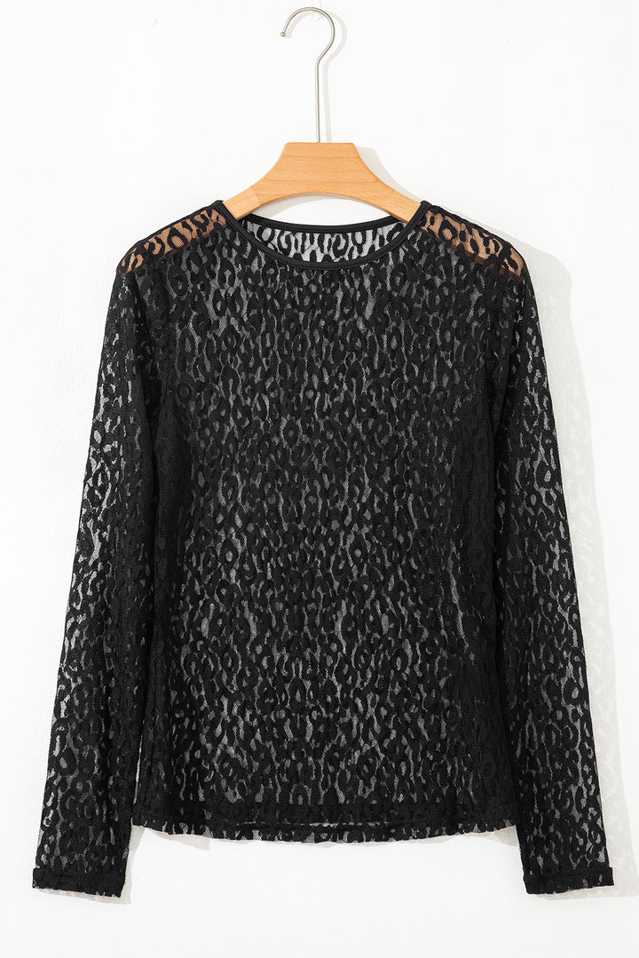 Black Leopard Pattern Sheer Mesh Long Sleeve Top