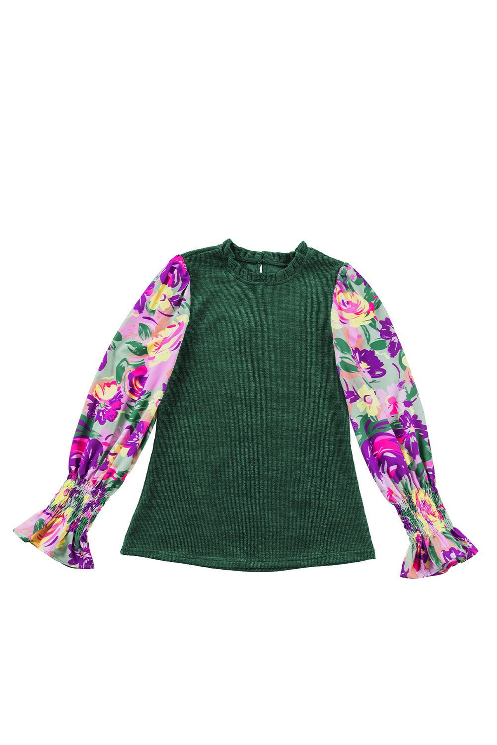 Mist Green Ribbed Frill Neck Floral Print Long Sleeve Top