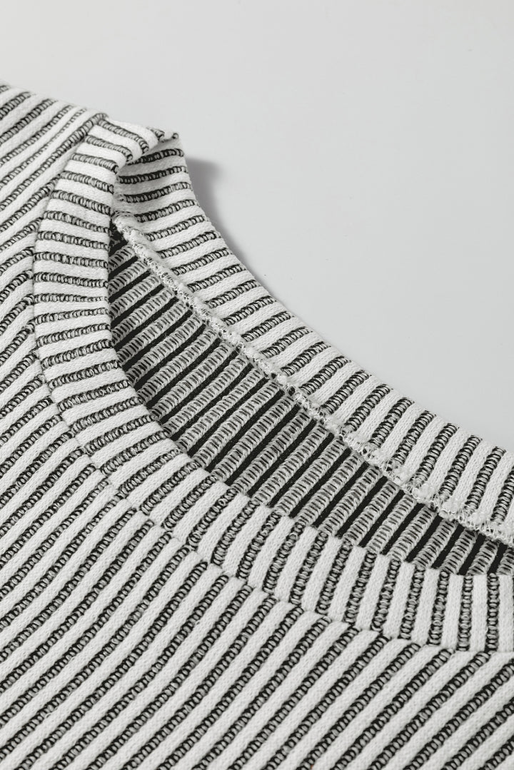 Gray Ribbed Knit Round Neck Long Lantern Sleeve Top