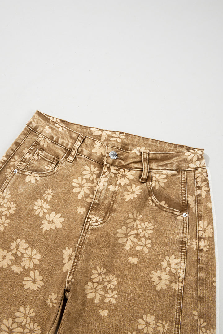 Khaki Floral Print Metal Button Pleated Straight Leg Jeans
