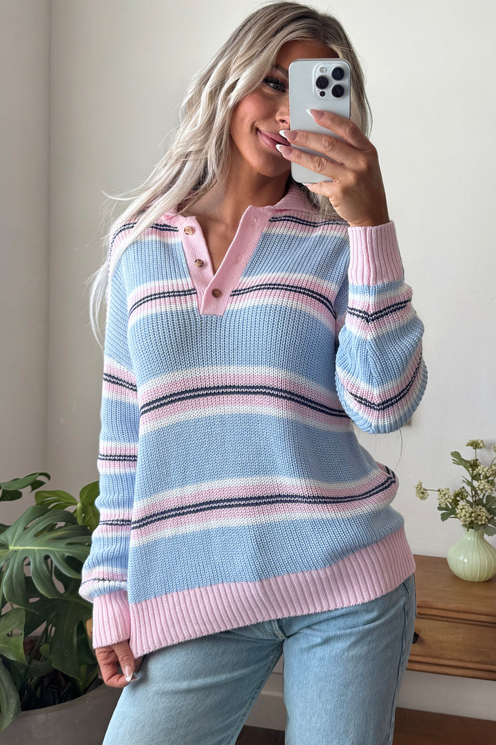 Sky Blue Stripe Striped Button Collar Long Sleeve Shift Fit Winter Knitwear Sweater