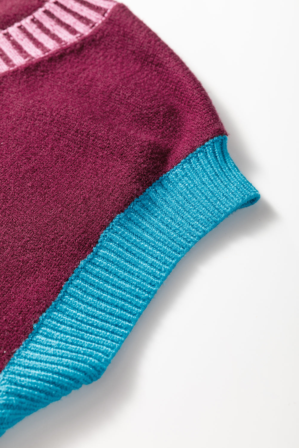 Burgundy Contrast Trim V Neck Cuffed Short Sleeve Loose Sweater