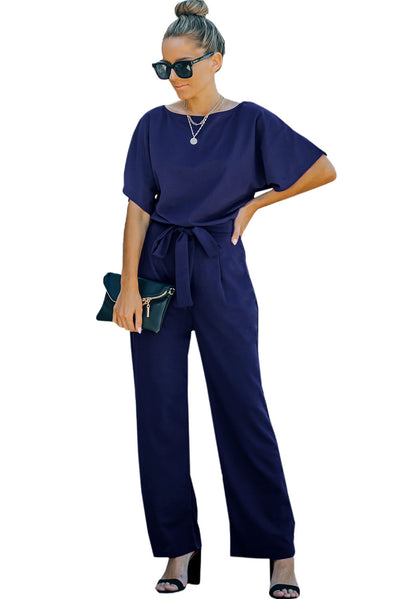 Blue Belted Wide Leg Jumpsuit