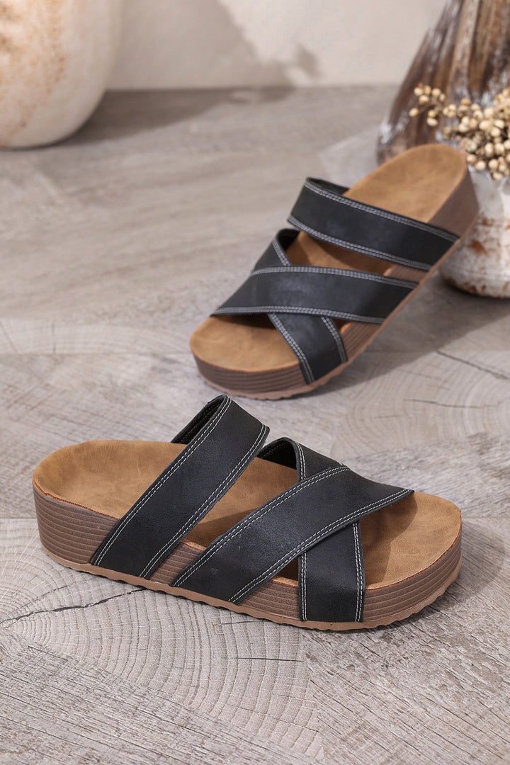 Color black Contrast Stitch Crossed Band Retro Platform Slippers