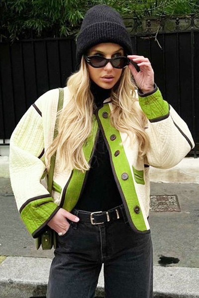 Fern Green Quilted Colorblock Button Up Puffer Coat