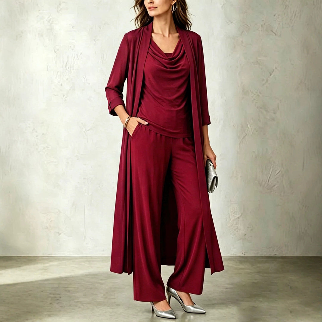 Long Sleeve Swing Collar Cardigan &amp; Wide-Leg Pants Three-Piece Set