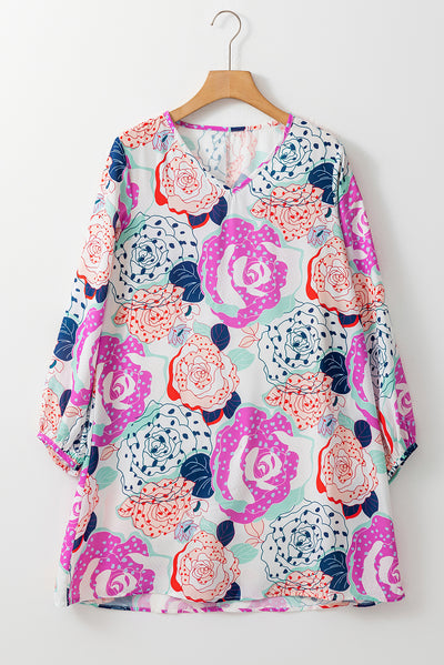 Multicolor Bracelet Bubble Sleeve Blooming Flower Print Dress