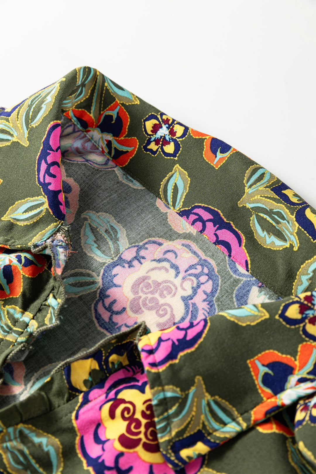 Green Plus Size Floral Print Collared V Neck Loose Mini Dress