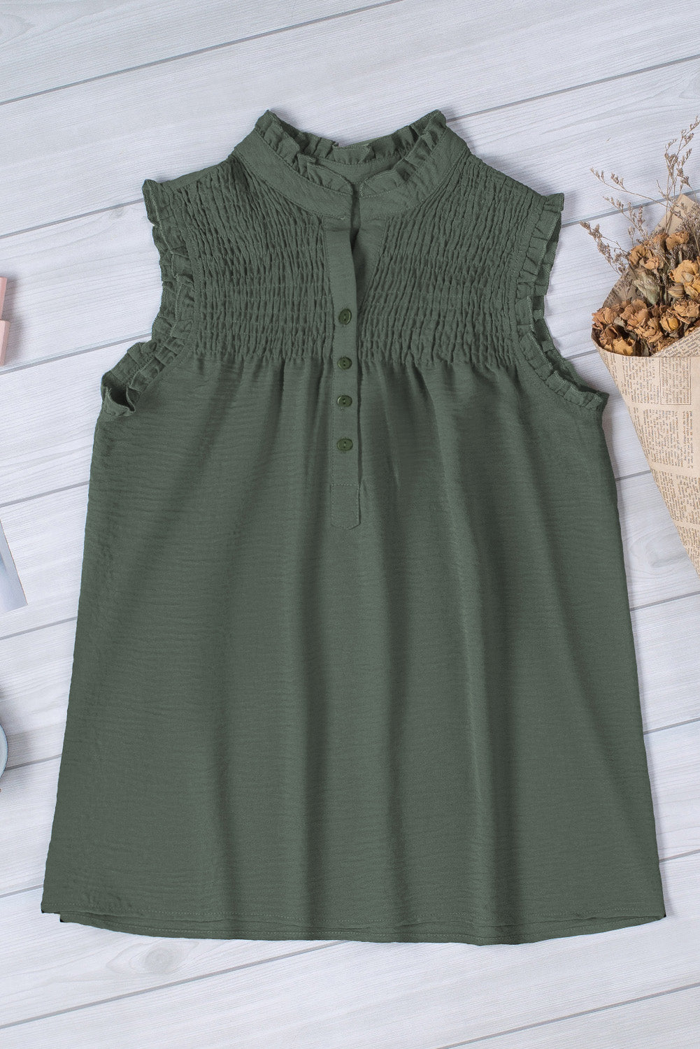 Green Frilled Tank Top with Buttons