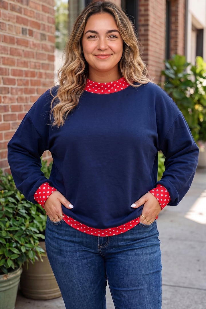 Orange Polka Dot Patchwork Round Neck Plus Size Sweatshirt
