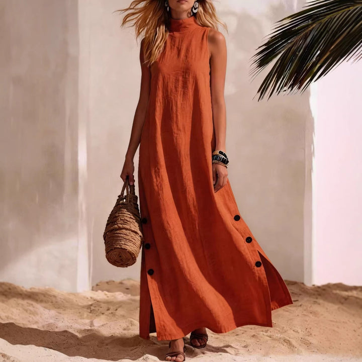 Cotton Linen Sleeveless Midi Dress – Side Slits &amp; Loose Fit
