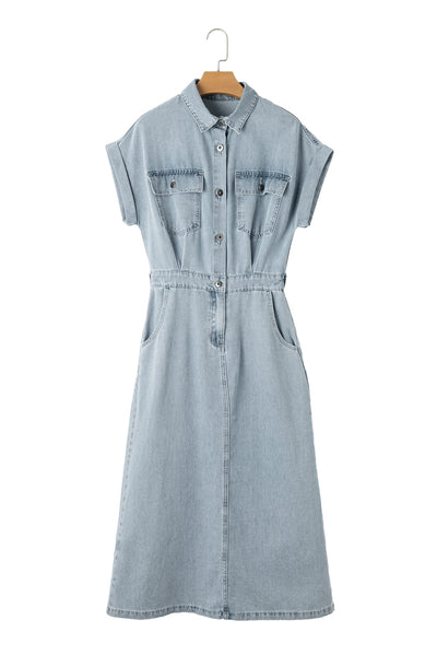 Beau Blue Short Batwing Sleeve Slit Back Denim Dress