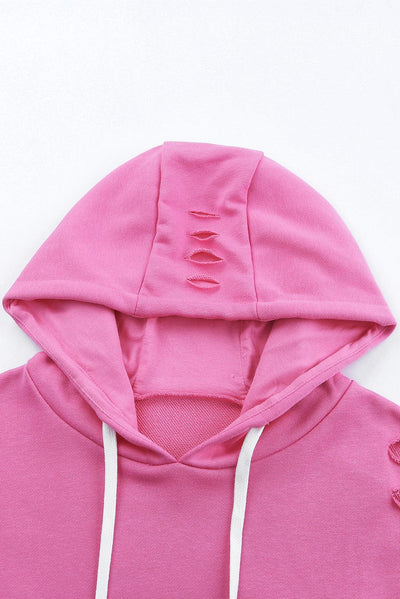 Pink Solid Ripped Hooded Sweatshirt with Kangaroo Pocket