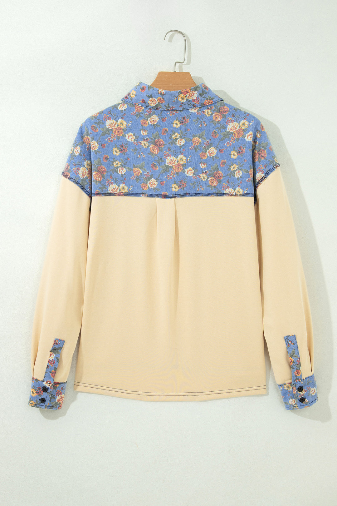 Apricot Floral Denim Patchwork Collar V Neck Long Sleeve Pullover Top