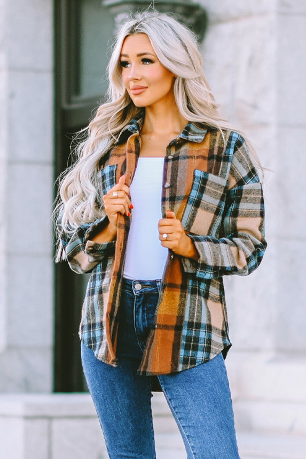 Brown Plaid Color Block Buttoned Shirt with Pockets