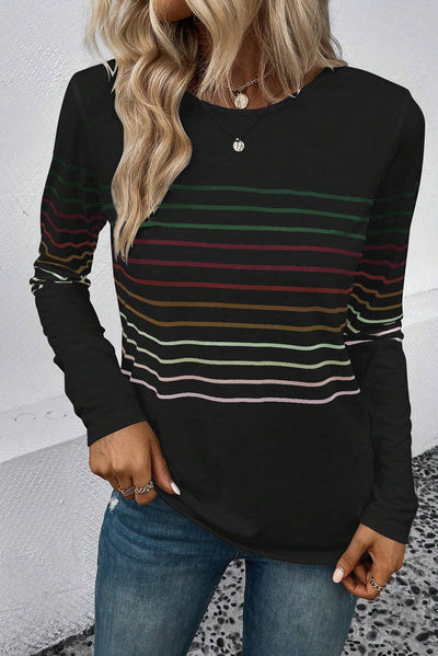 Black Multicolor Striped Crew Neck Long Sleeve Top