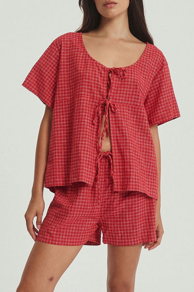 Plaid Tied Scoop Neck Short Sleeve Top and Drawstring Shorts Set