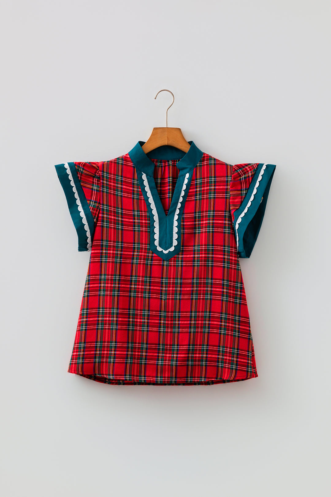 Red Plaid V Neck Short Sleeve Shift Blouse