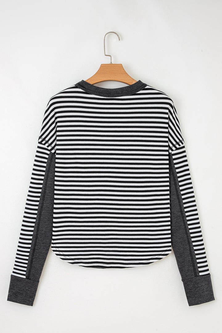 Black Stripe Thermal Knit Drop Shoulder Casual Top