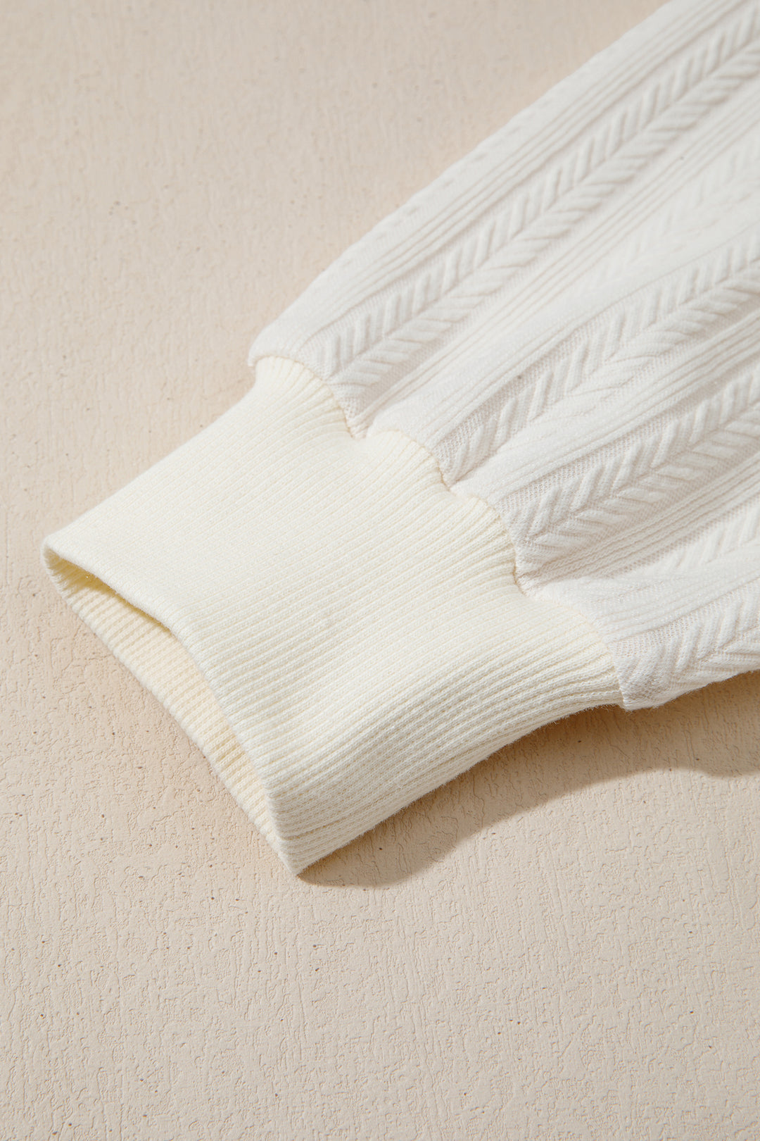 Beige Solid Color Textured Sleeve Patchwork Half Zip Hoodie